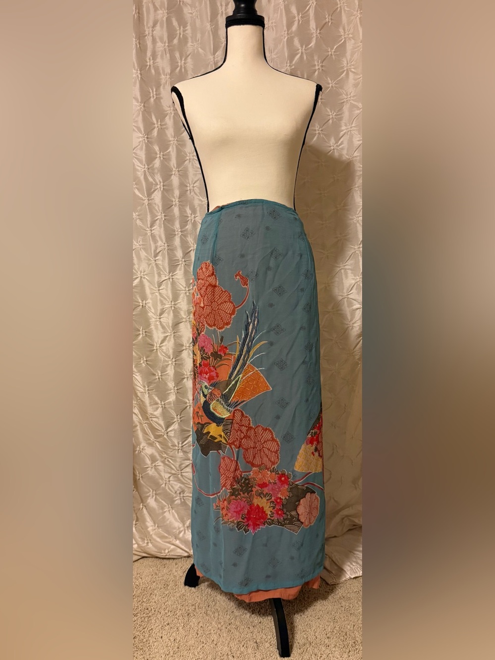 Free People Vintage Y2K Boho Embroidered Bird Floral Wrap Midi Skirt Blue Orange